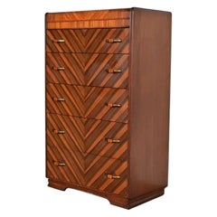 Donald Deskey Style Antique Art Deco Walnut Highboy Dresser, Circa 1930s