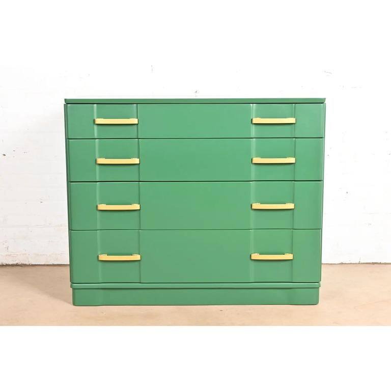 American Donald Deskey Style Art Deco Green Lacquered Chest of Drawers, Newly Refinished For Sale