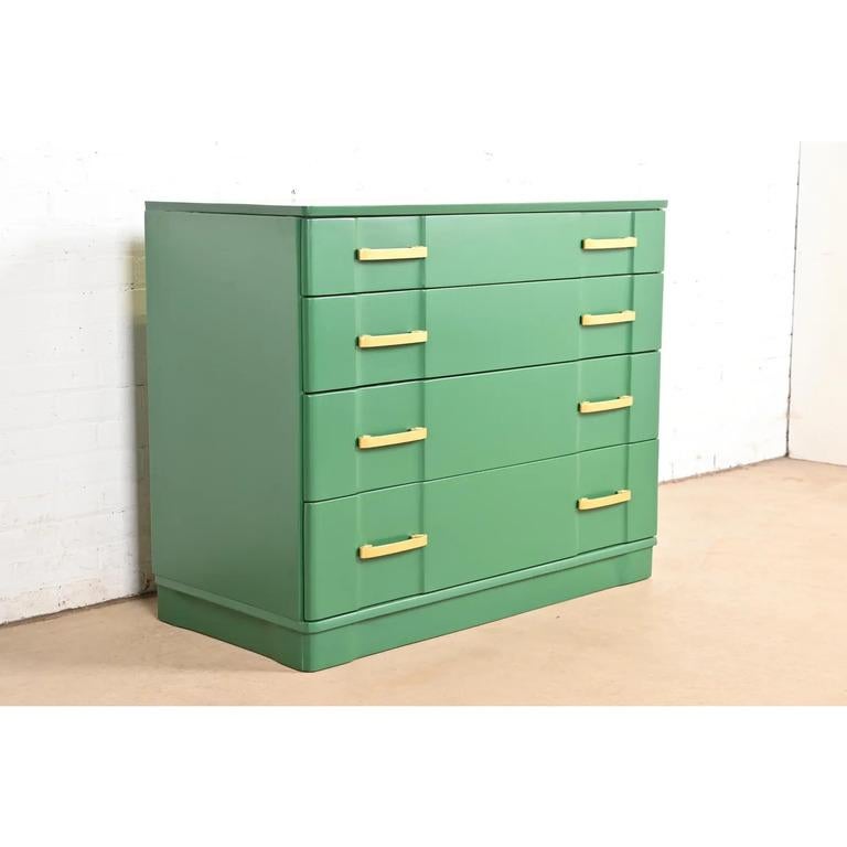 Mid-20th Century Donald Deskey Style Art Deco Green Lacquered Chest of Drawers, Newly Refinished For Sale