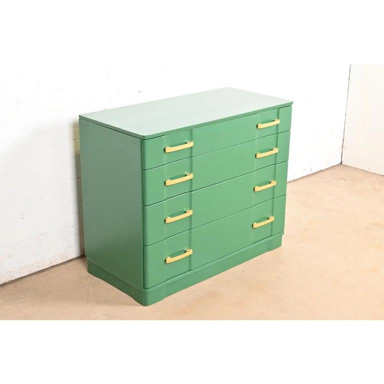 Brass Donald Deskey Style Art Deco Green Lacquered Chest of Drawers, Newly Refinished For Sale
