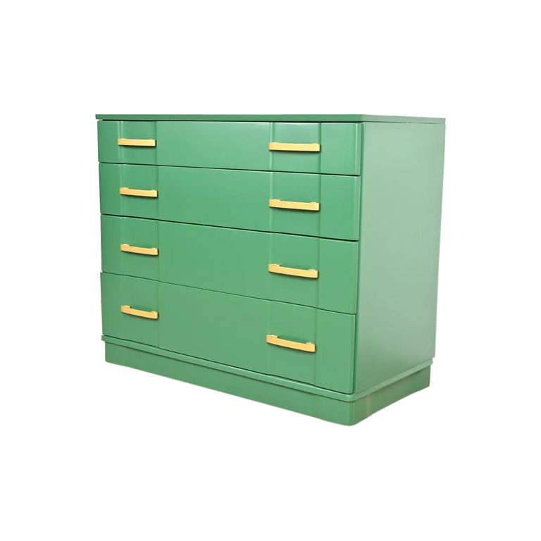 Donald Deskey Style Art Deco Green Lacquered Chest of Drawers, Newly Refinished For Sale