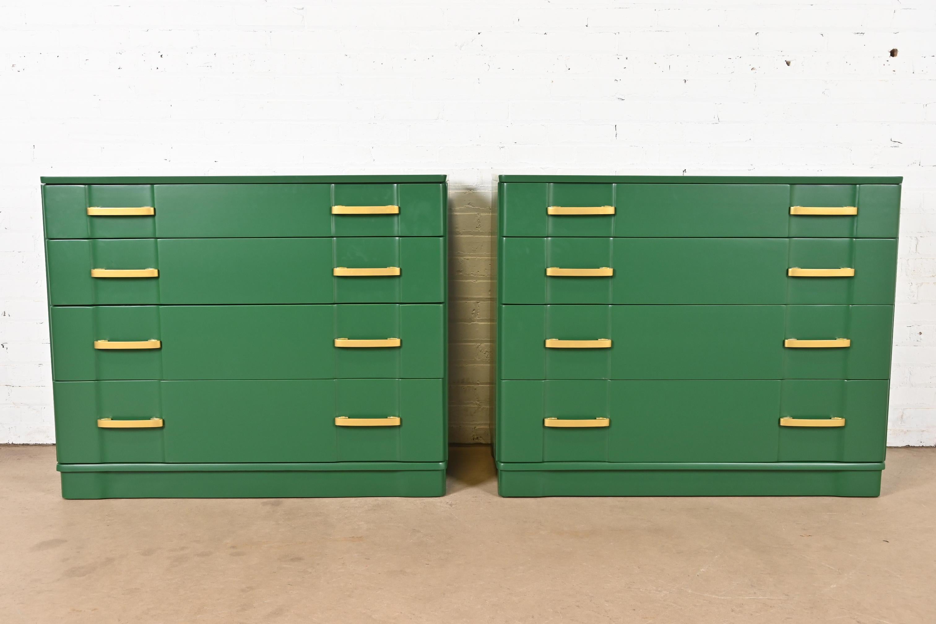 American Donald Deskey Style Art Deco Green Lacquered Chests of Drawers, Newly Refinished For Sale