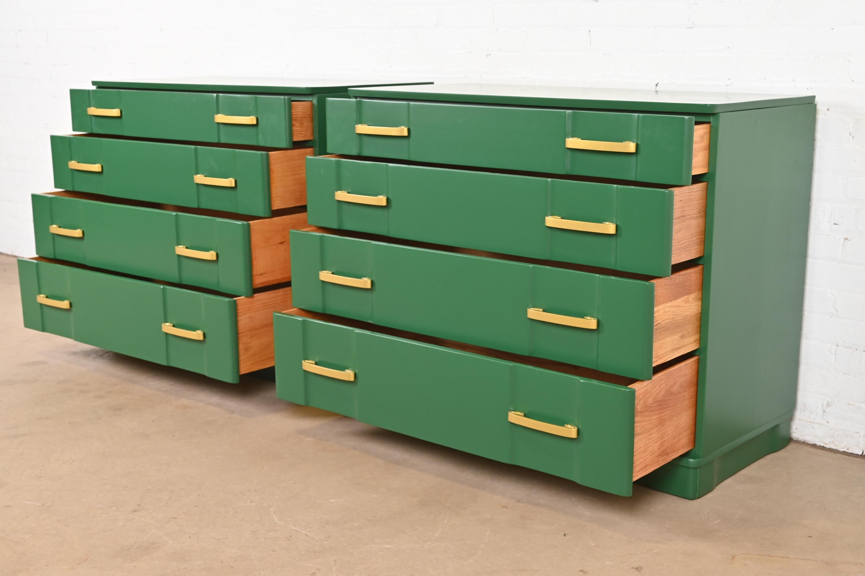 Brass Donald Deskey Style Art Deco Green Lacquered Chests of Drawers, Newly Refinished For Sale
