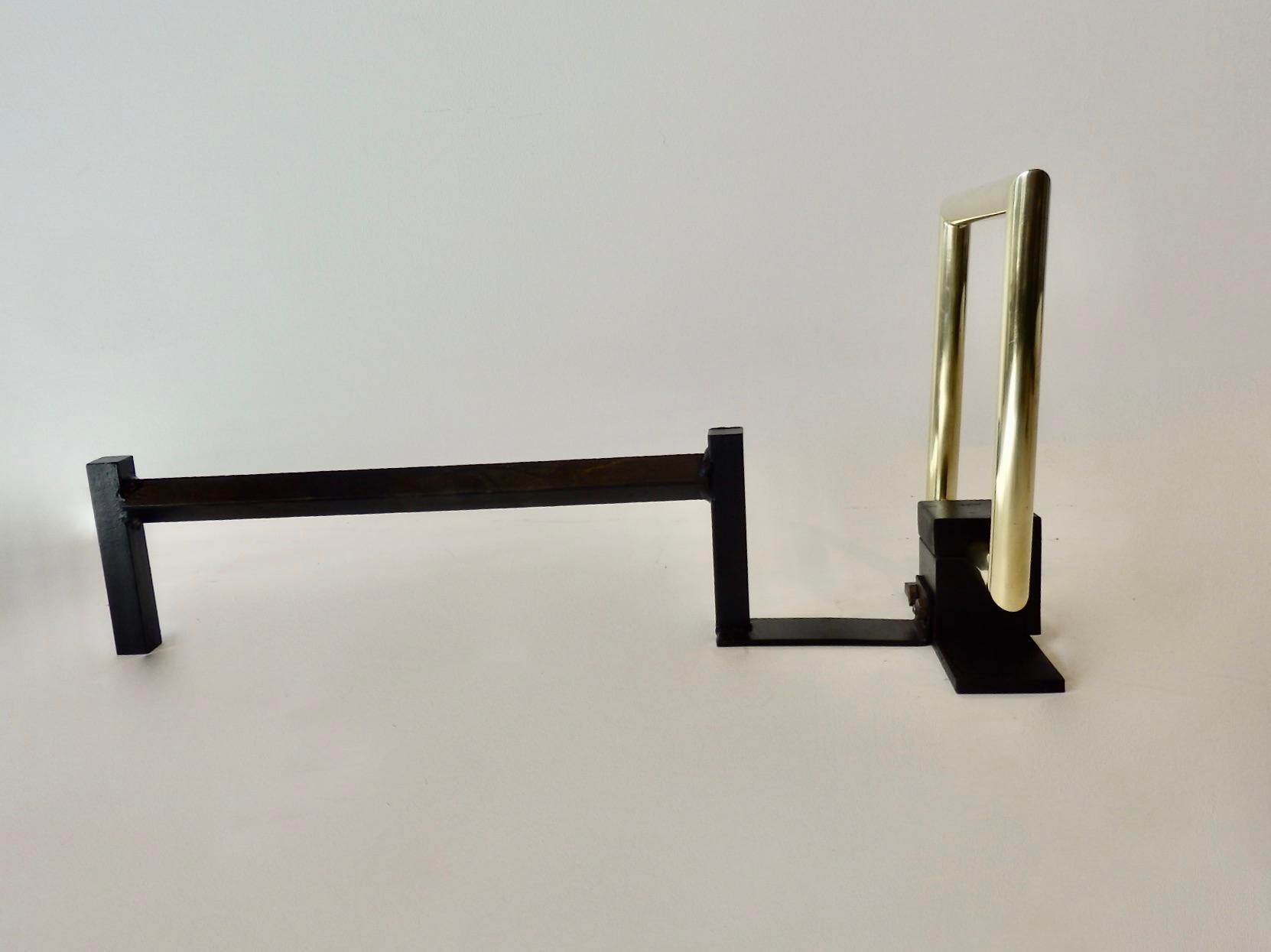 Donald Deskey Style Polished Brass and Steel Art Deco Fireplace Andirons For Sale 4