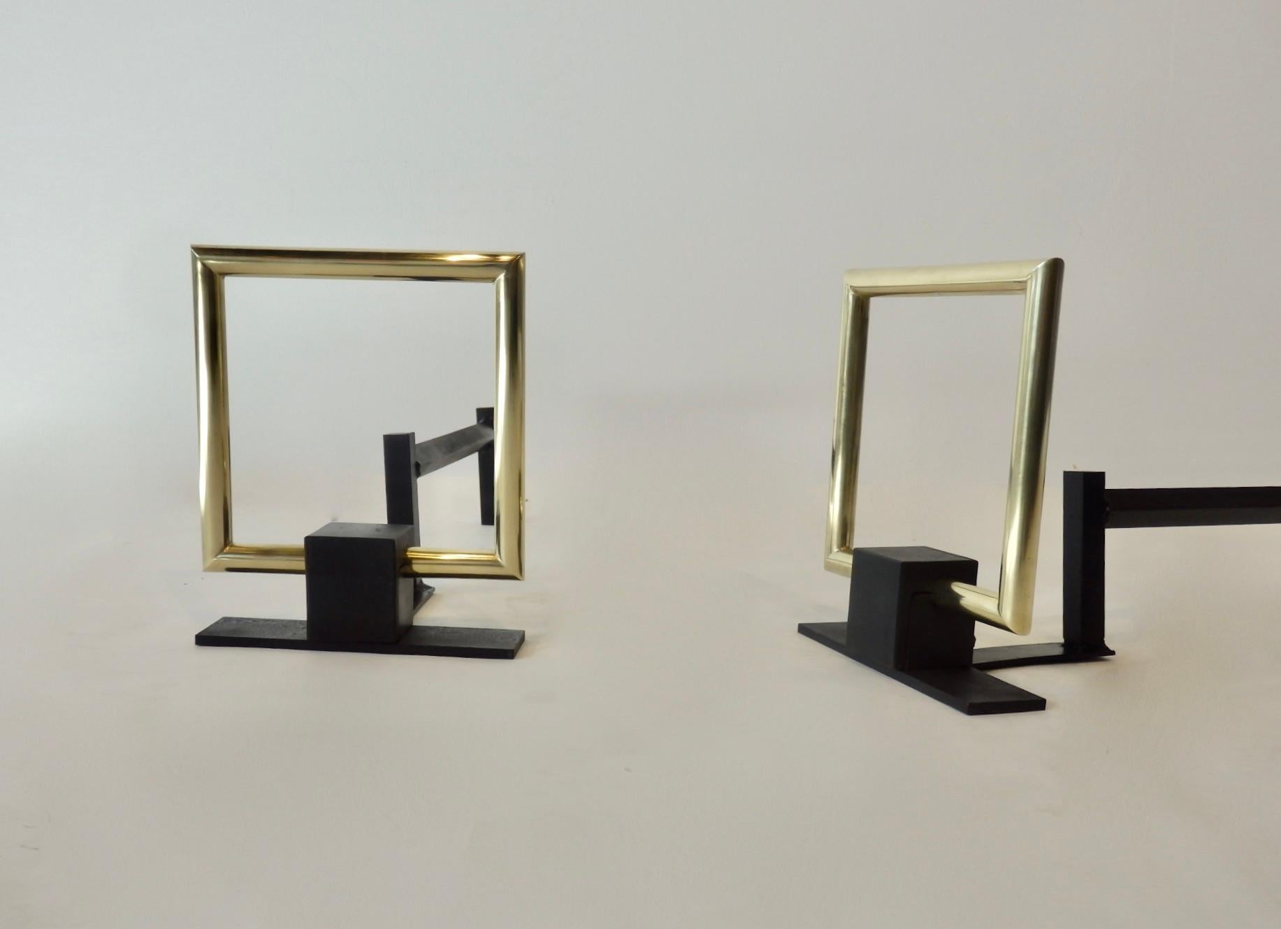 American Donald Deskey Style Polished Brass and Steel Art Deco Fireplace Andirons For Sale