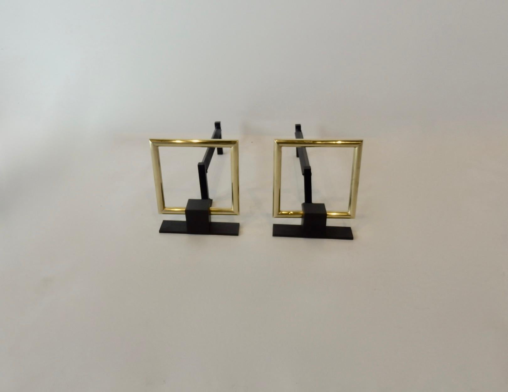 Cast Donald Deskey Style Polished Brass and Steel Art Deco Fireplace Andirons For Sale