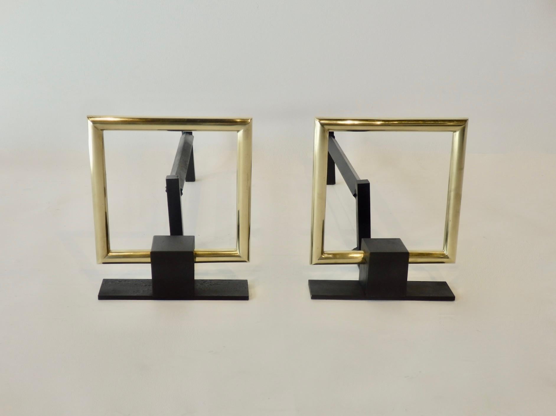 20th Century Donald Deskey Style Polished Brass and Steel Art Deco Fireplace Andirons For Sale