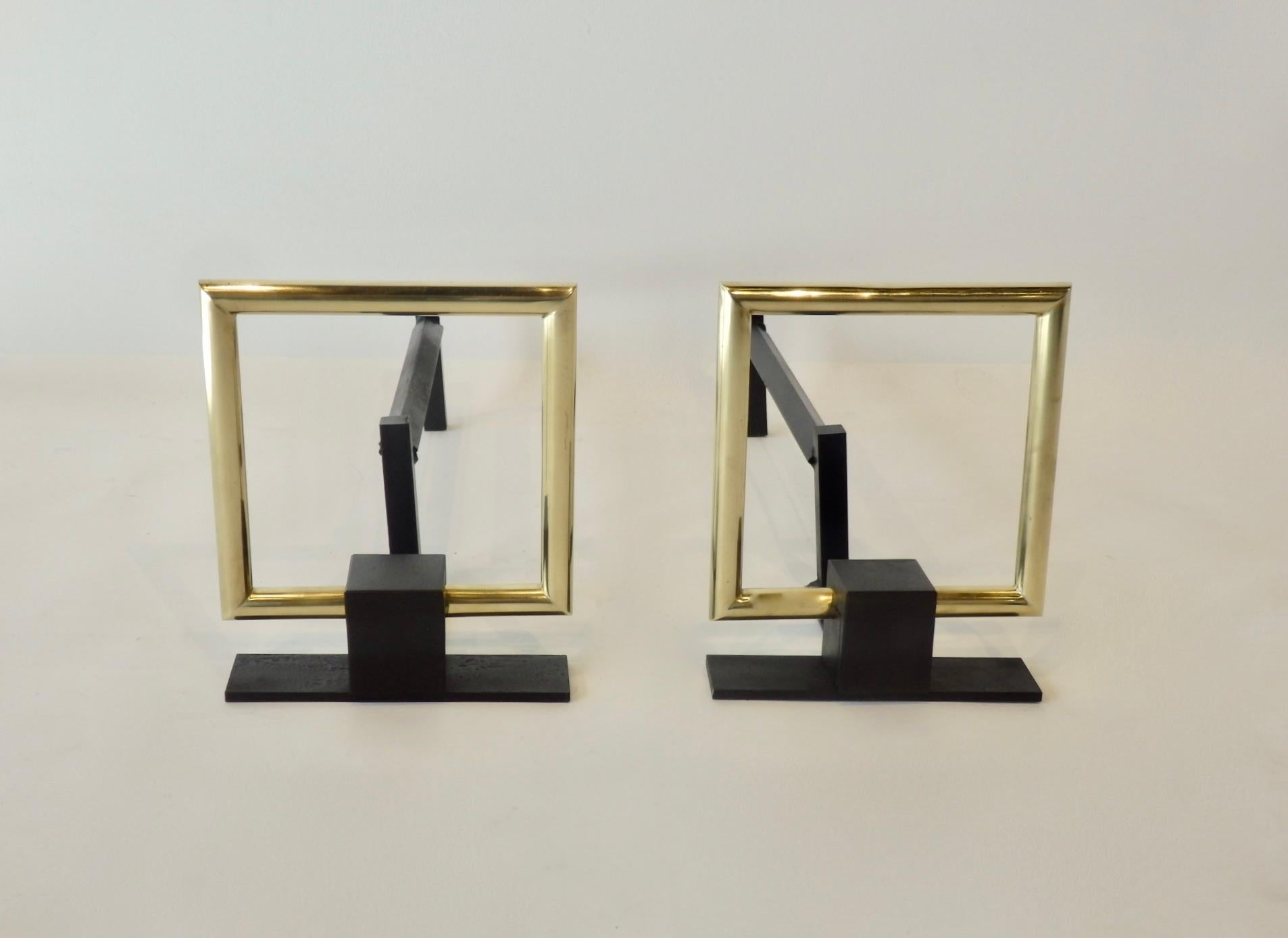 20th Century Donald Deskey Style Polished Brass and Steel Art Deco Fireplace Andirons For Sale