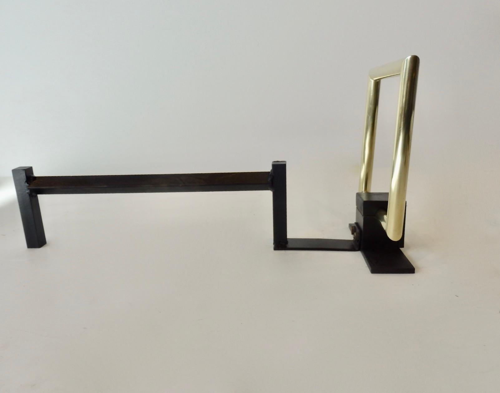Donald Deskey Style Polished Brass and Steel Art Deco Fireplace Andirons For Sale 3
