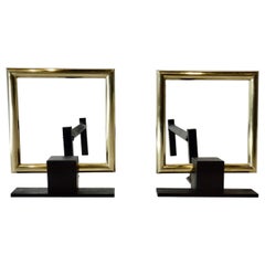 Retro Donald Deskey Style Polished Brass and Steel Art Deco Fireplace Andirons