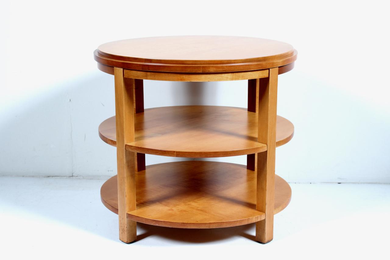 Art Deco Donald Deskey Style Round Three Tier Maple Occasional Table For Sale