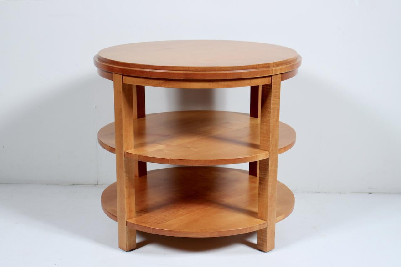 American Donald Deskey Style Round Three Tier Maple Occasional Table For Sale