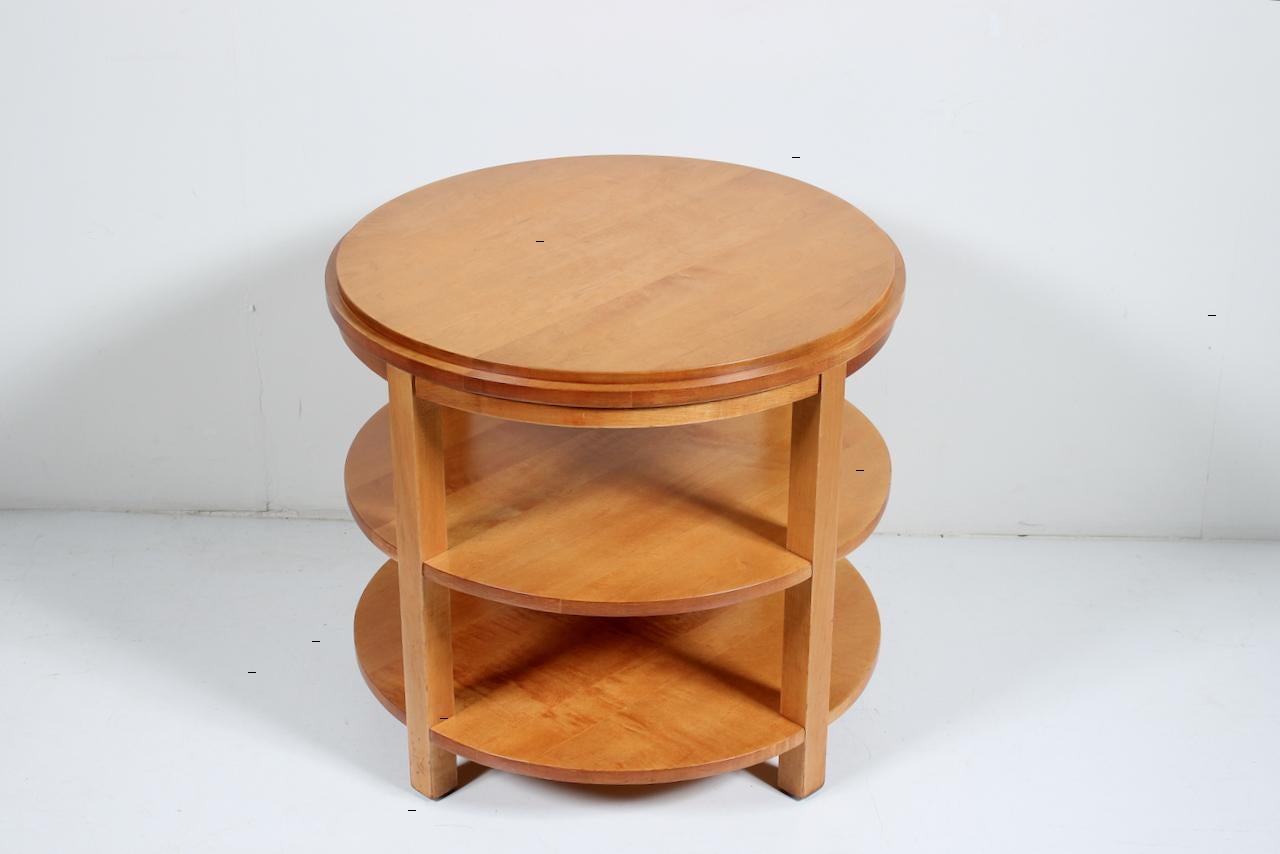 20th Century Donald Deskey Style Round Three Tier Maple Occasional Table For Sale