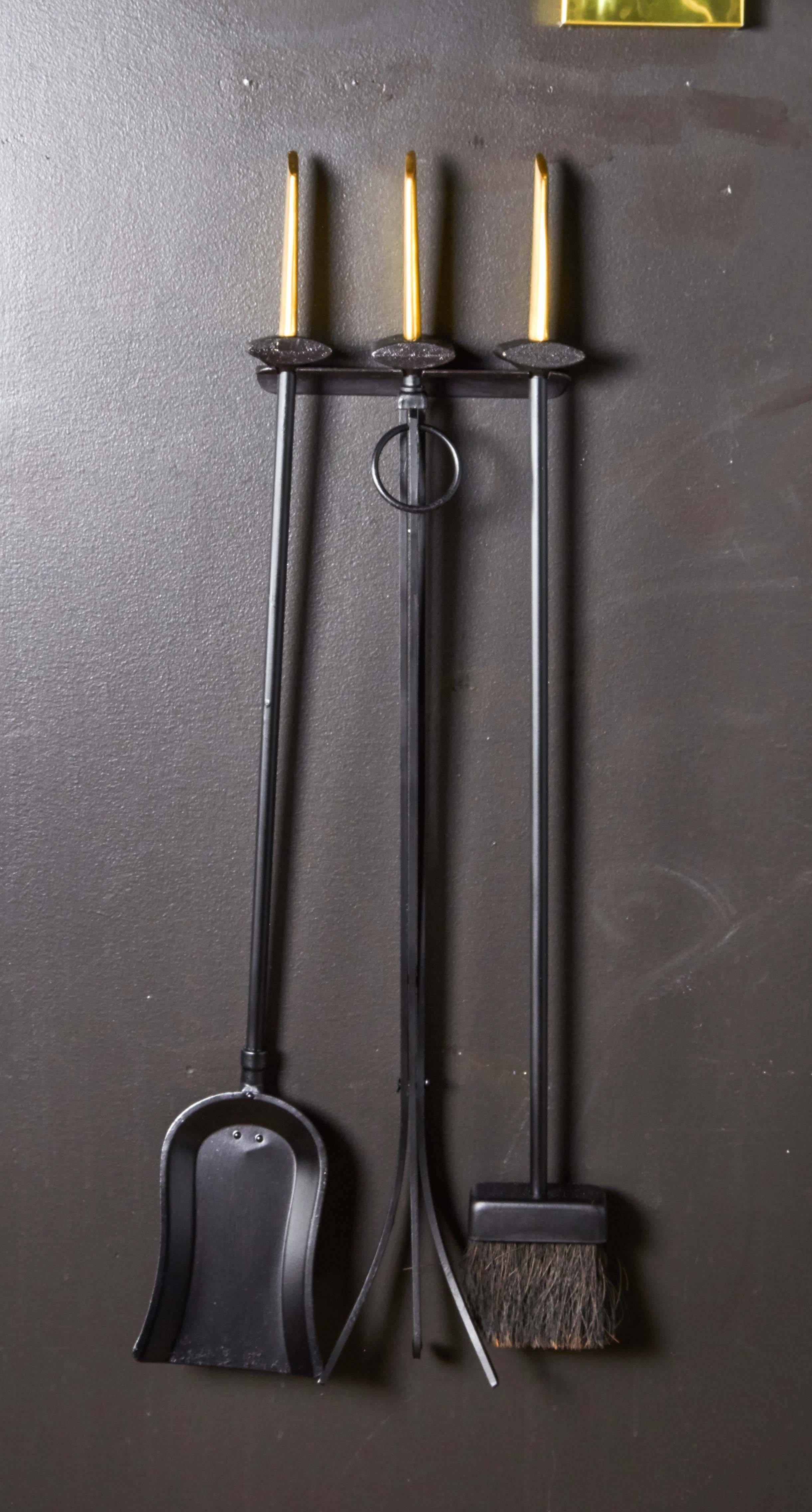 Donald Deskey Wall Mounted Fireplace Tools in Brass and Black Iron, c. 1950's 1