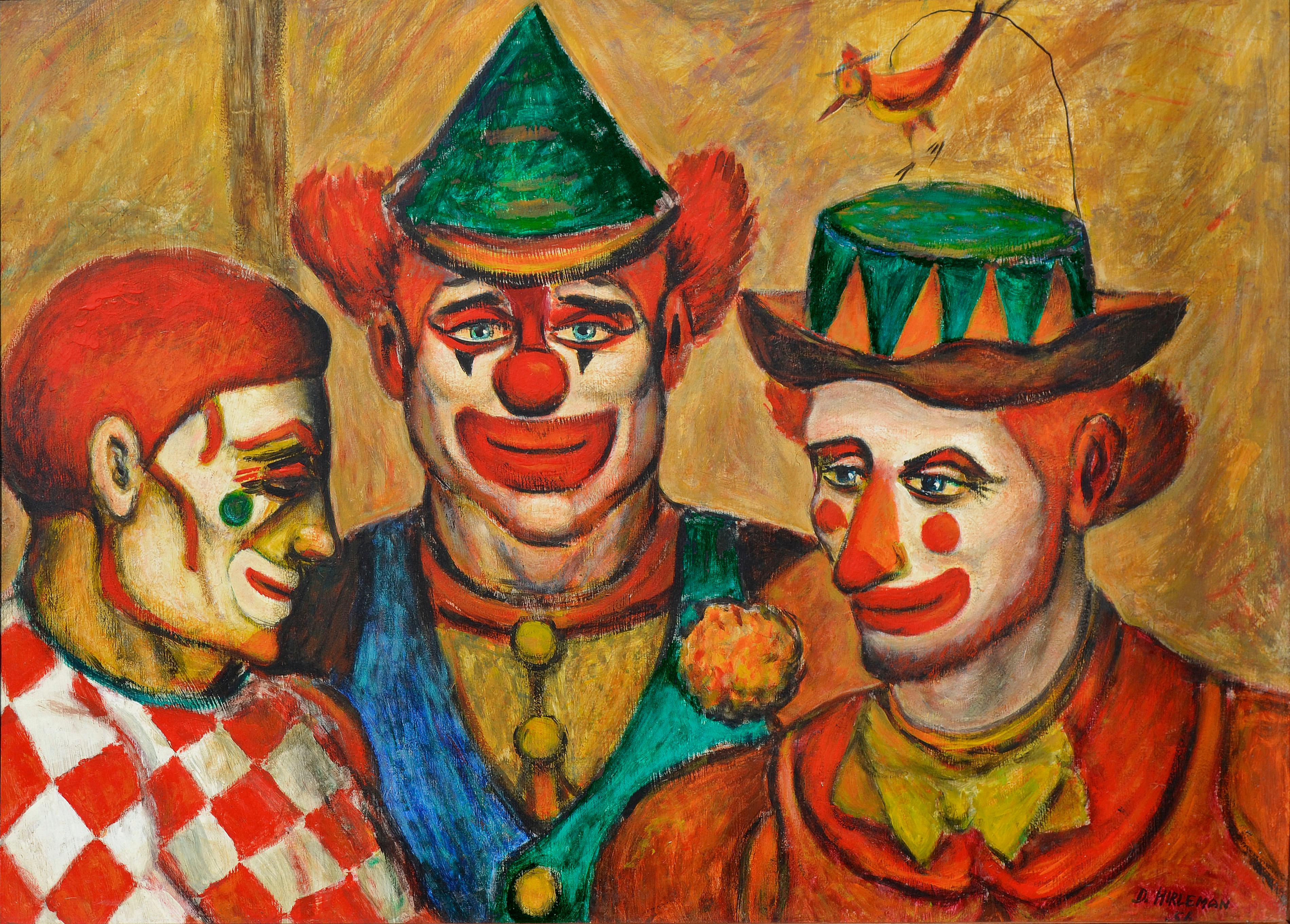 Mid-Century Three Clowns by Jazz Man Don Hirleman - Painting by Donald (Don) Hirleman