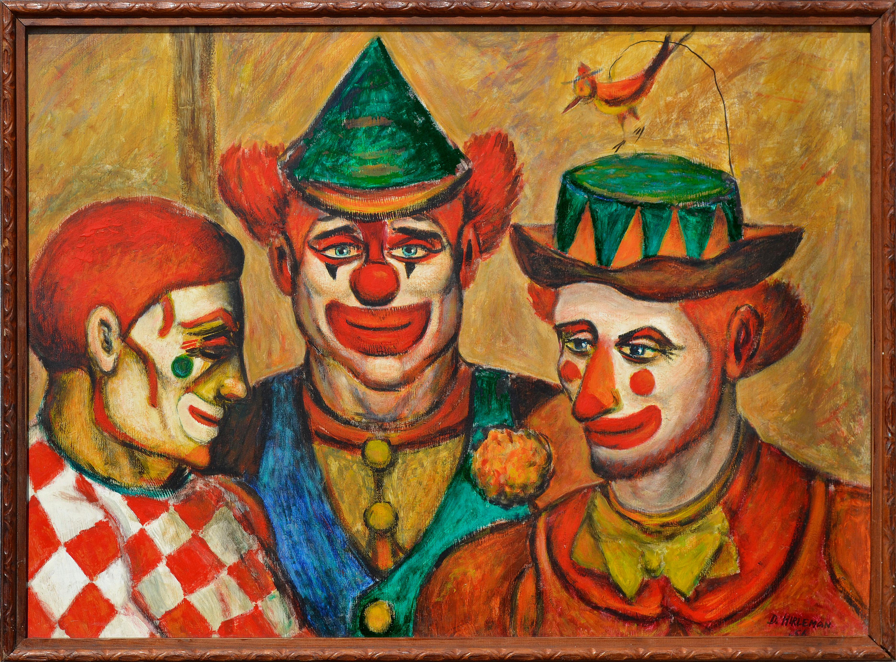 Donald (Don) Hirleman Figurative Painting - Mid-Century Three Clowns by Jazz Man Don Hirleman