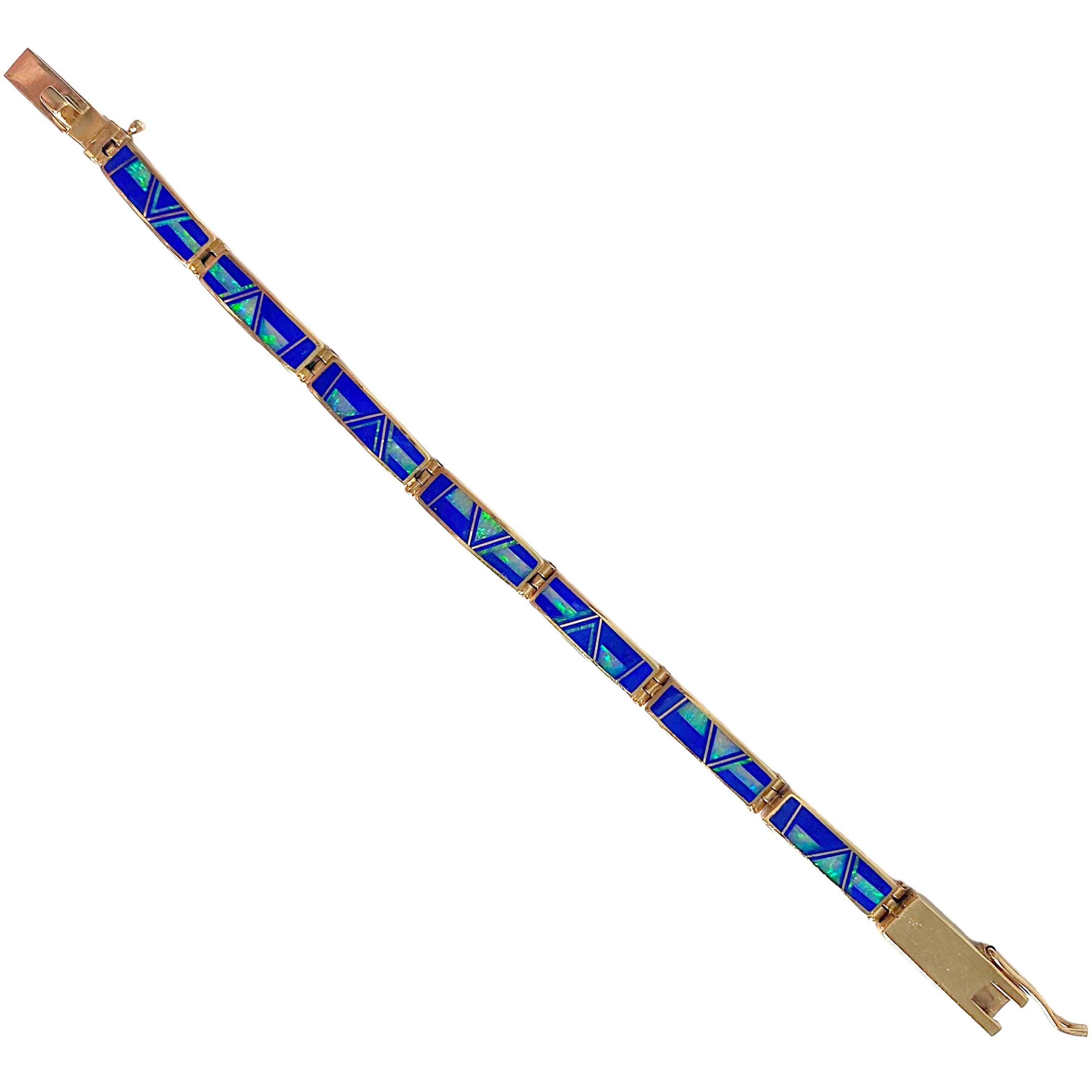 Mixed Cut Donald Douglas Navajo Opal Lapis Lazuli Inlay 14K Bracelet