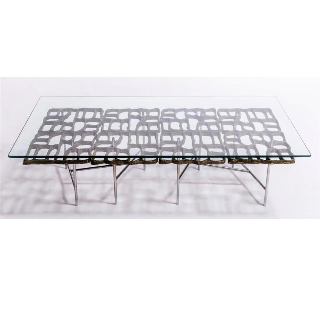 Donald Drumm Coffee Table...Brutalist sculptural aluminum / glass / chrome For Sale 3