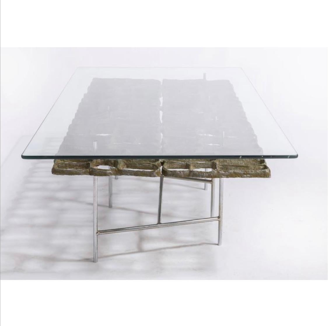 American Donald Drumm Coffee Table...Brutalist sculptural aluminum / glass / chrome For Sale