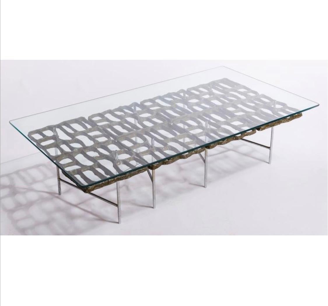 Donald Drumm Coffee Table...Brutalist sculptural aluminum / glass / chrome In Good Condition For Sale In Buffalo, NY