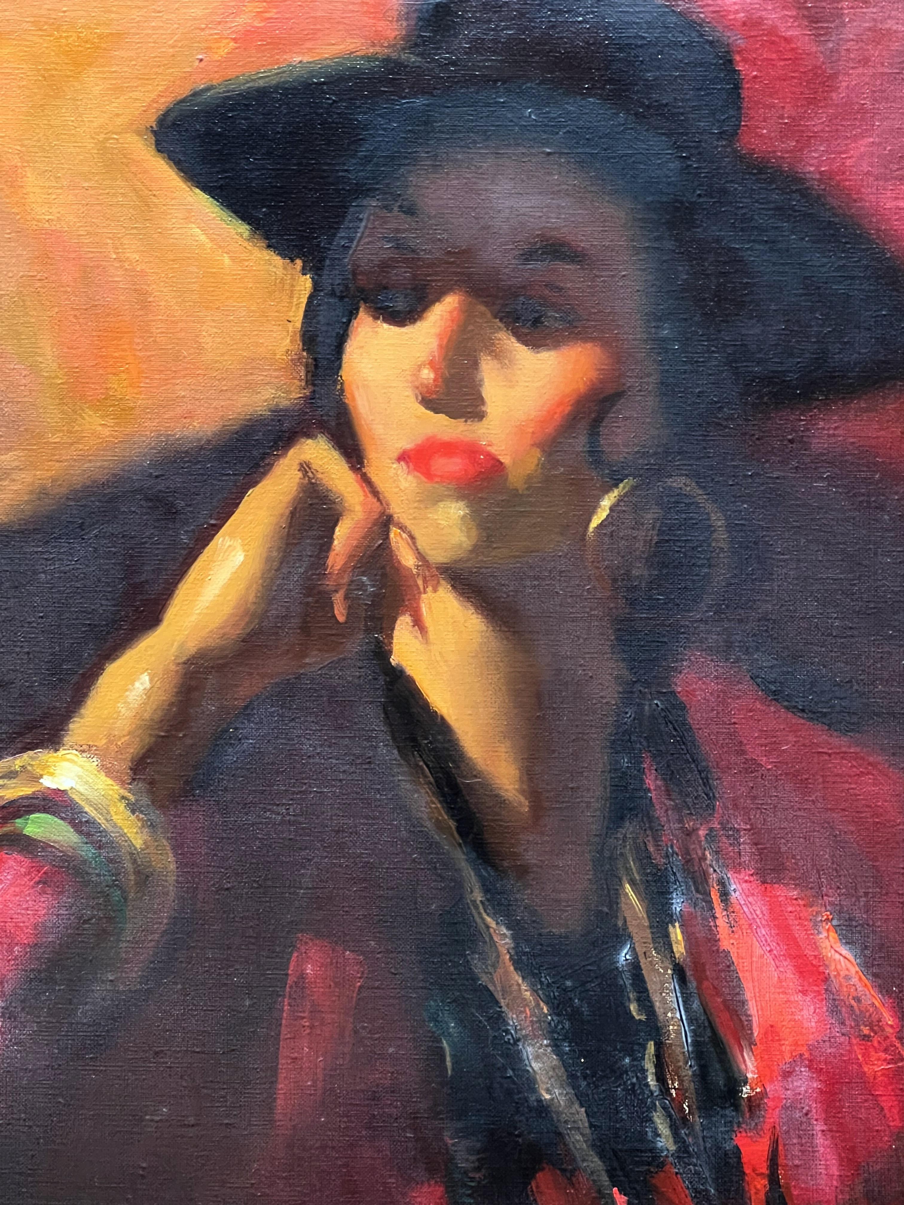 Mujer española Óleo sobre lienzo de Donald Schreves - Figurative Painting Negro de Donald (D.S) Shreves
