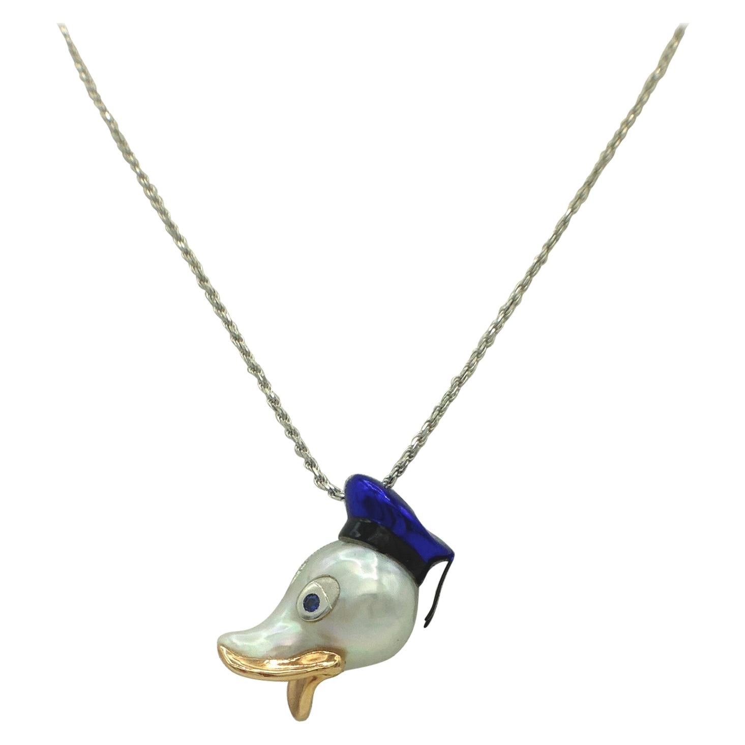 Donald Duck Australian Pearl Blue Sapphire 18 Karat Gold Pendant/Necklace