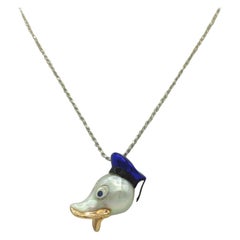 Donald Duck Australian Pearl Blue Sapphire 18 Karat Gold Pendant/Necklace