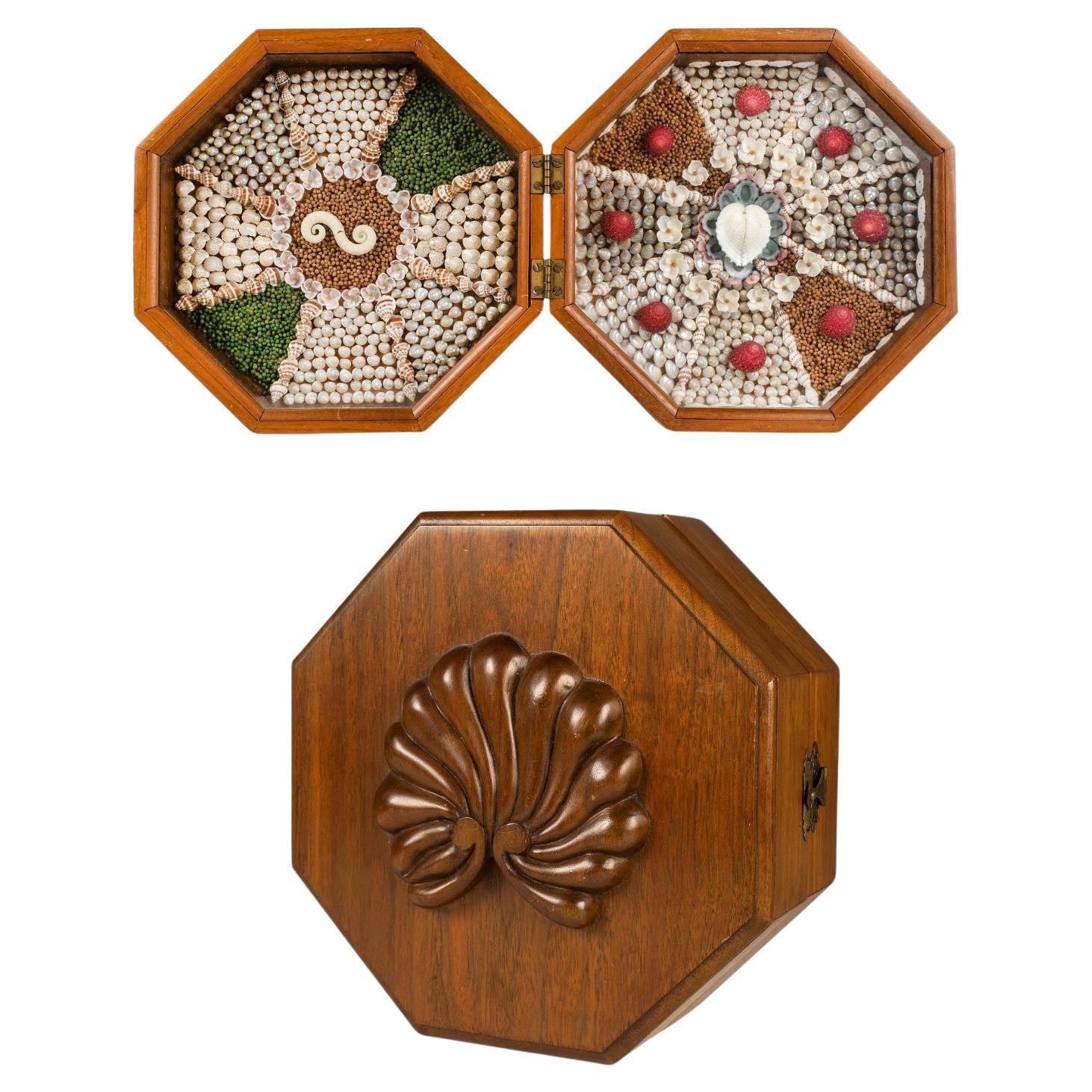 Donald Dunlap Carved Octagonal Mahogany Sailors Valentine w/ Detailed Shellwork For Sale