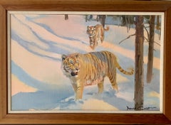 Portrait of Two Siberian Snow Tigers in a snow covered landscape.
