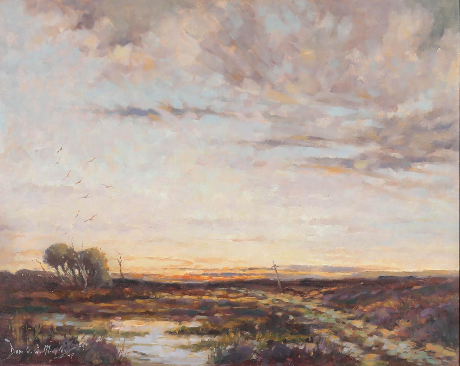 Donald Gray Midgely (1918-1995) - Olio del 1979 incorniciato, Tramonto sulla brughiera 1