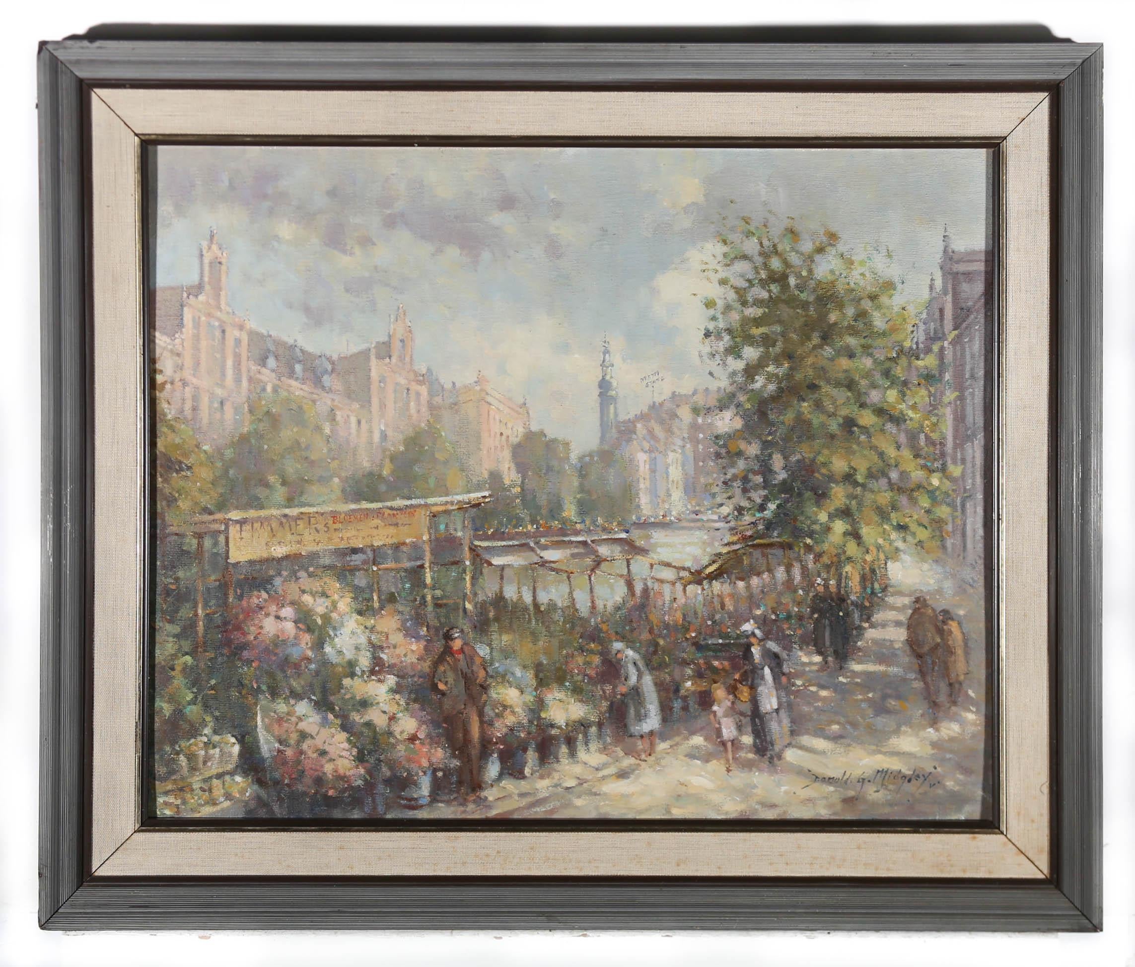Donald Gray Midgely (1918-1995) - Framed 20th Century Oil, The Flower Market For Sale 2