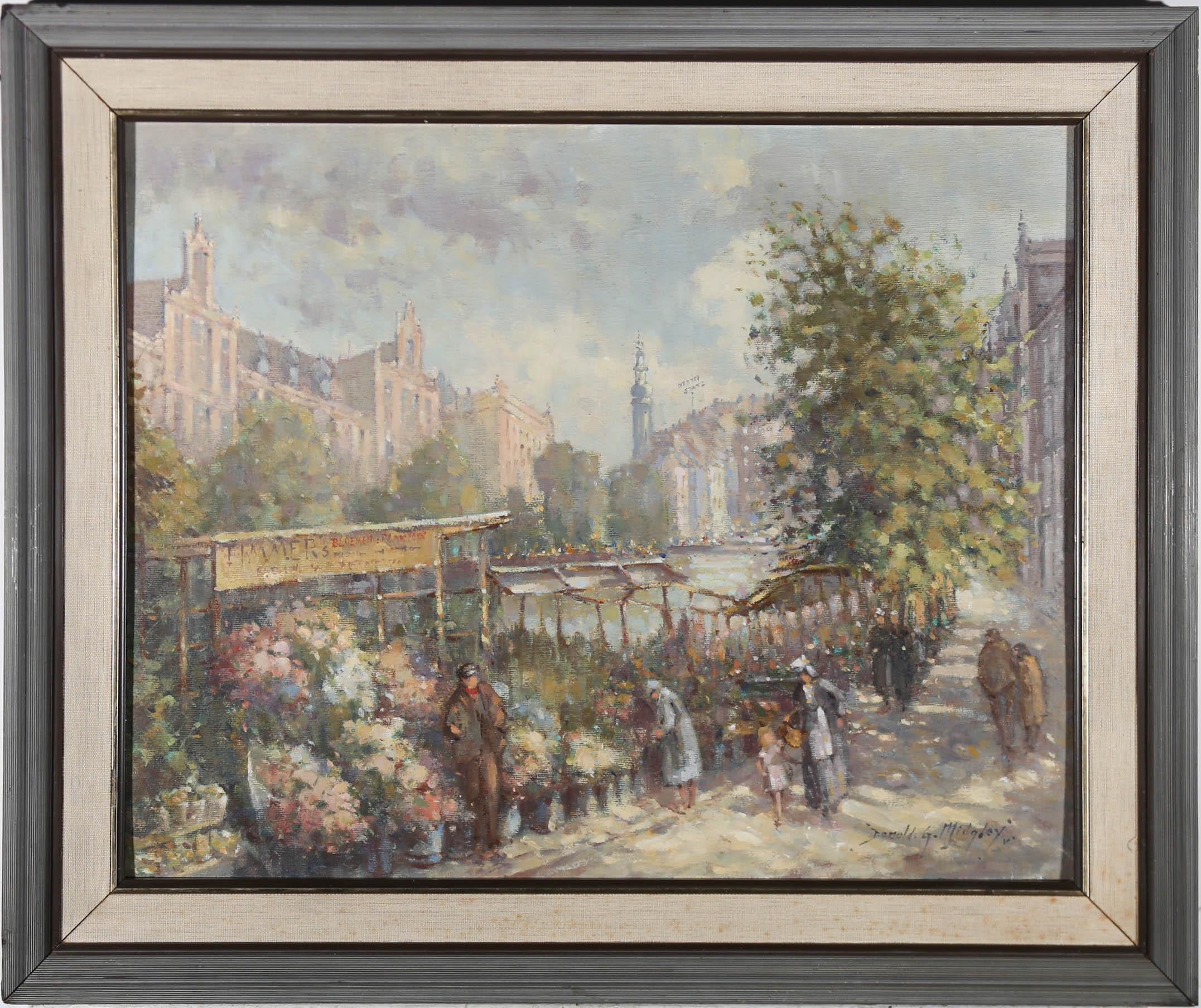 A stunningly painted, impressionistic oil showing a vast flower stall in the heart of Amsterdam. Fresh blooms can be seen running the full length of this canal scene with their overwhelming fragrance only imaginable. The artist has signed to the