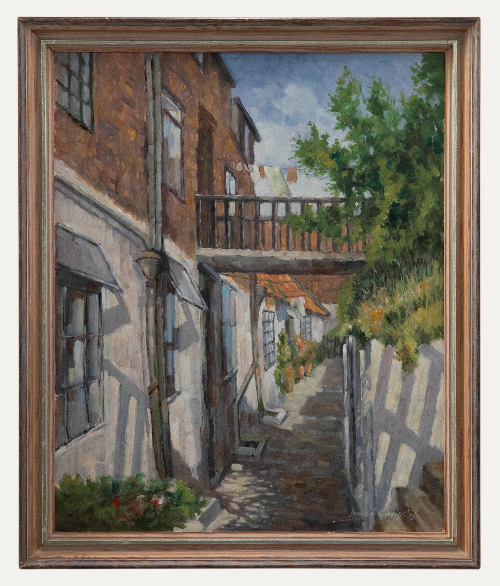A spectacular oil by Donald Gray Midgely, depicting an idyllic street in the Coastal village of Robin Hood’s Bay. Signed by the artist to the lower right and dated 1975. Presented in a beautiful contemporary style frame. On board. 