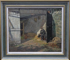 Apple Pickers - British 20's Impressionist oil painting barn interior farming 