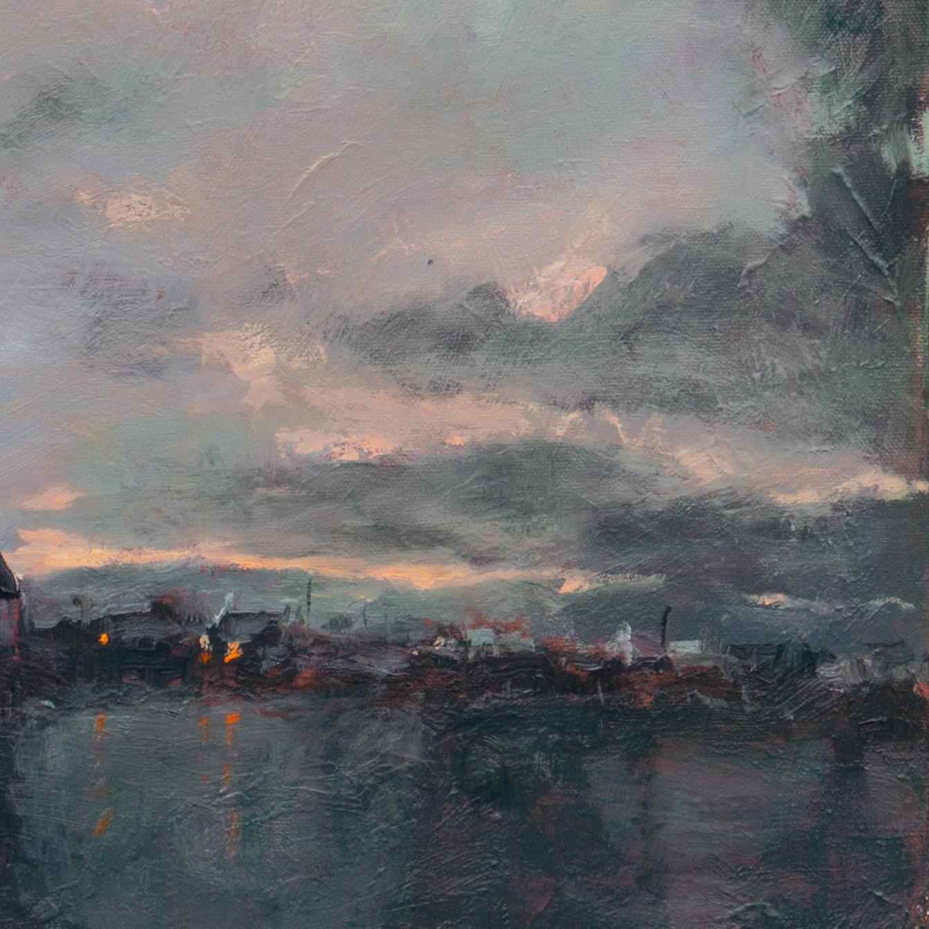 'Provincetown, Dusk', Evening Seascape, Massachusetts Harbor Lights  - Impressionist Painting by Donald Hildreth