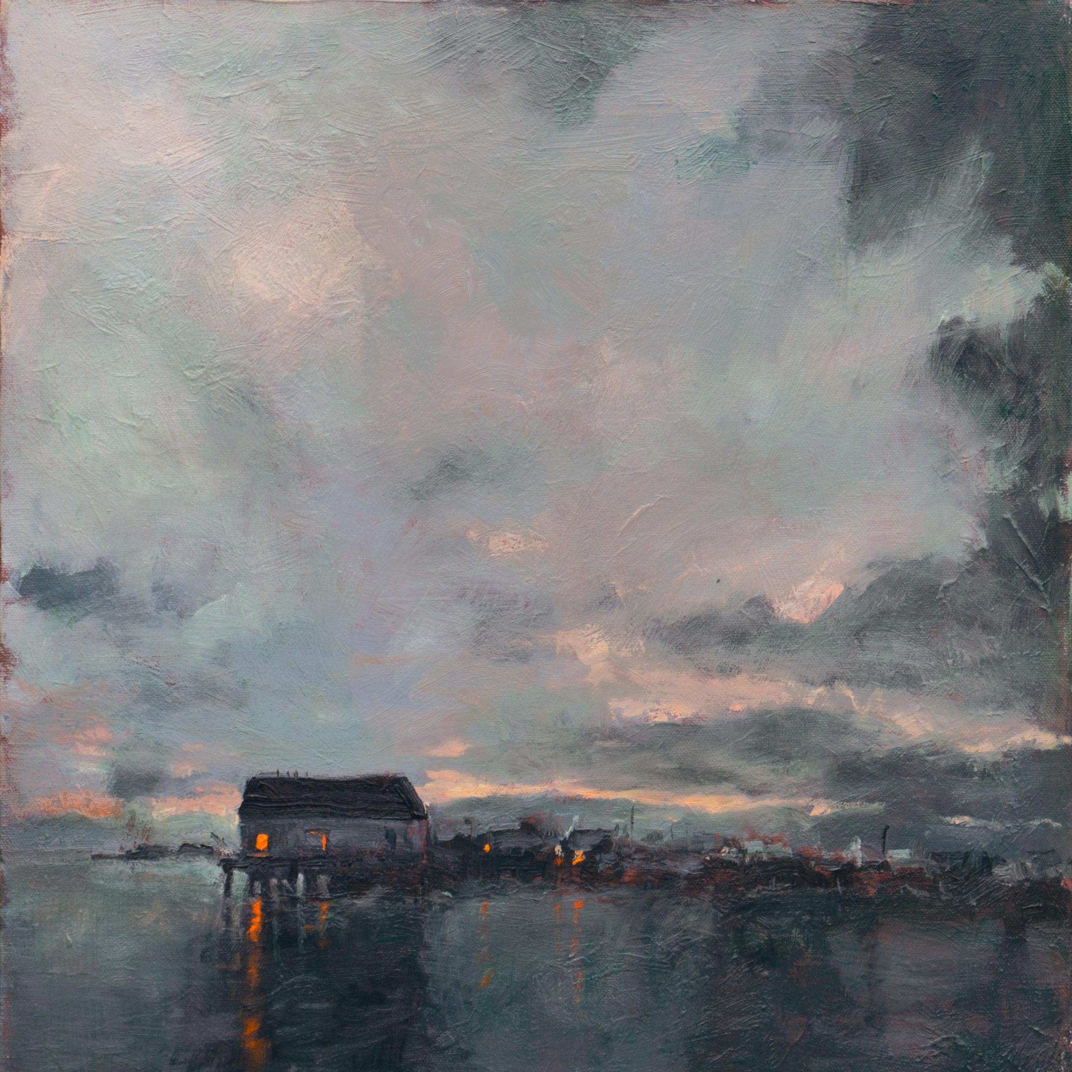 'Provincetown, Dusk', Evening Seascape, Massachusetts Harbor Lights  - Gray Landscape Painting by Donald Hildreth