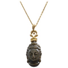 Donald Huber Carved Buddha Labradorite Pendant Diamonds 0.40 Carat 18 Karat Gold