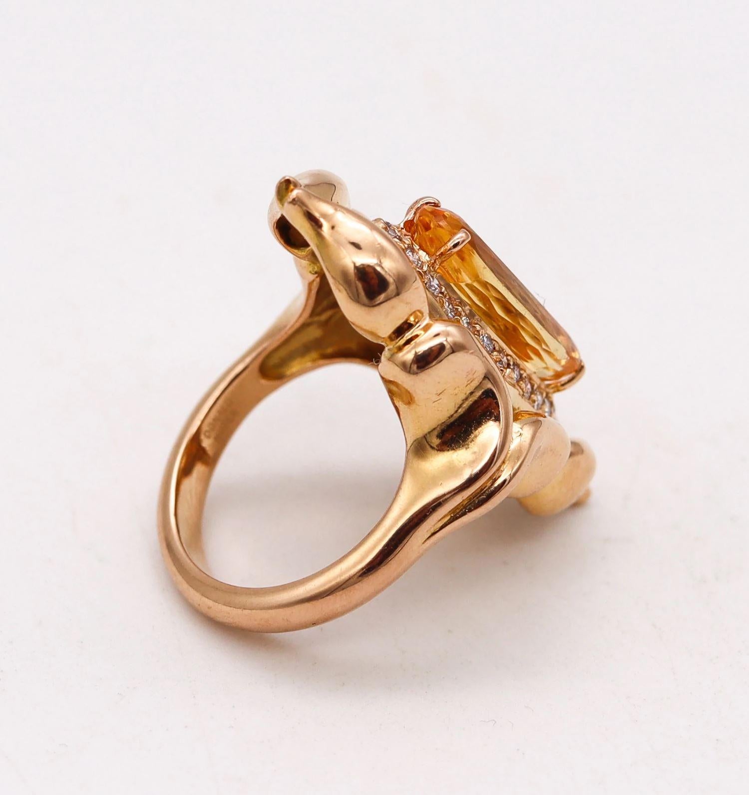Modernist Donald Huber Cocktail Ring in 18Kt Gold with 5.38 Ctw Imperial Topaz & Diamonds