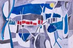 Óleo abstracto Modern British, 1967, "El camino", azules y blancos