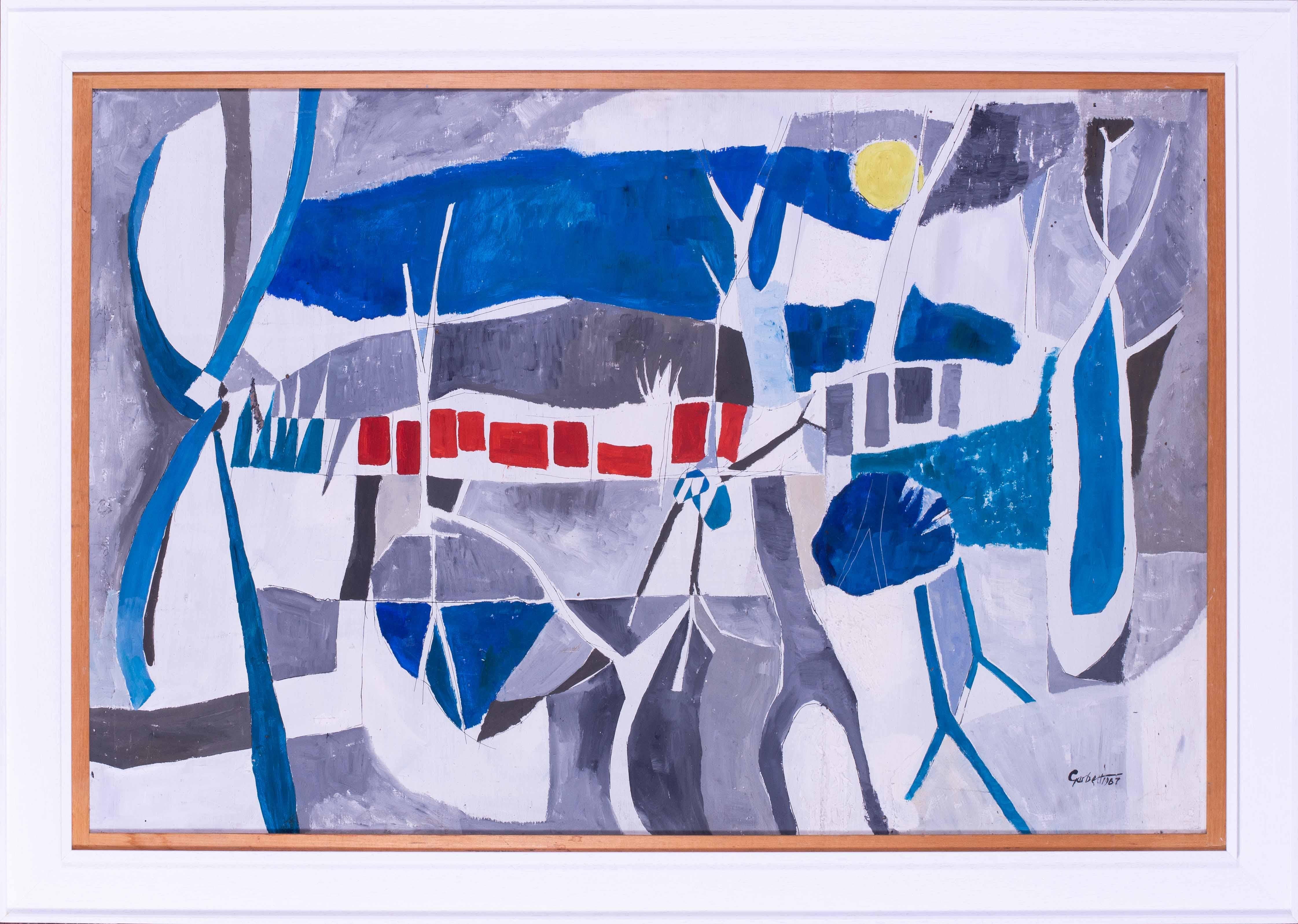 Abstract Painting di Donald J Garbett - Pittura ad olio astratta Modern British, 1967, "Il sentiero", blu e bianco