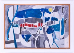 Modern British abstract oil painting, 1967, 'The path', blues and whites