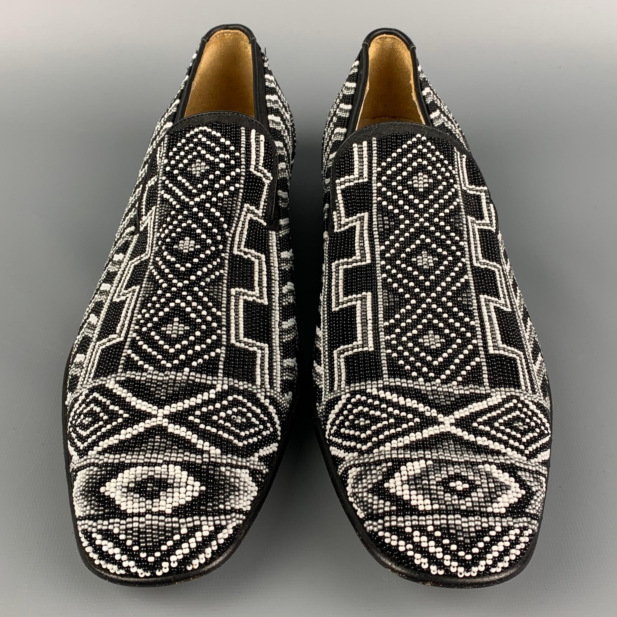 DONALD J PLINER Size 11.5 Black & White Beaded Leather Slip On Loafers In Good Condition In San Francisco, CA