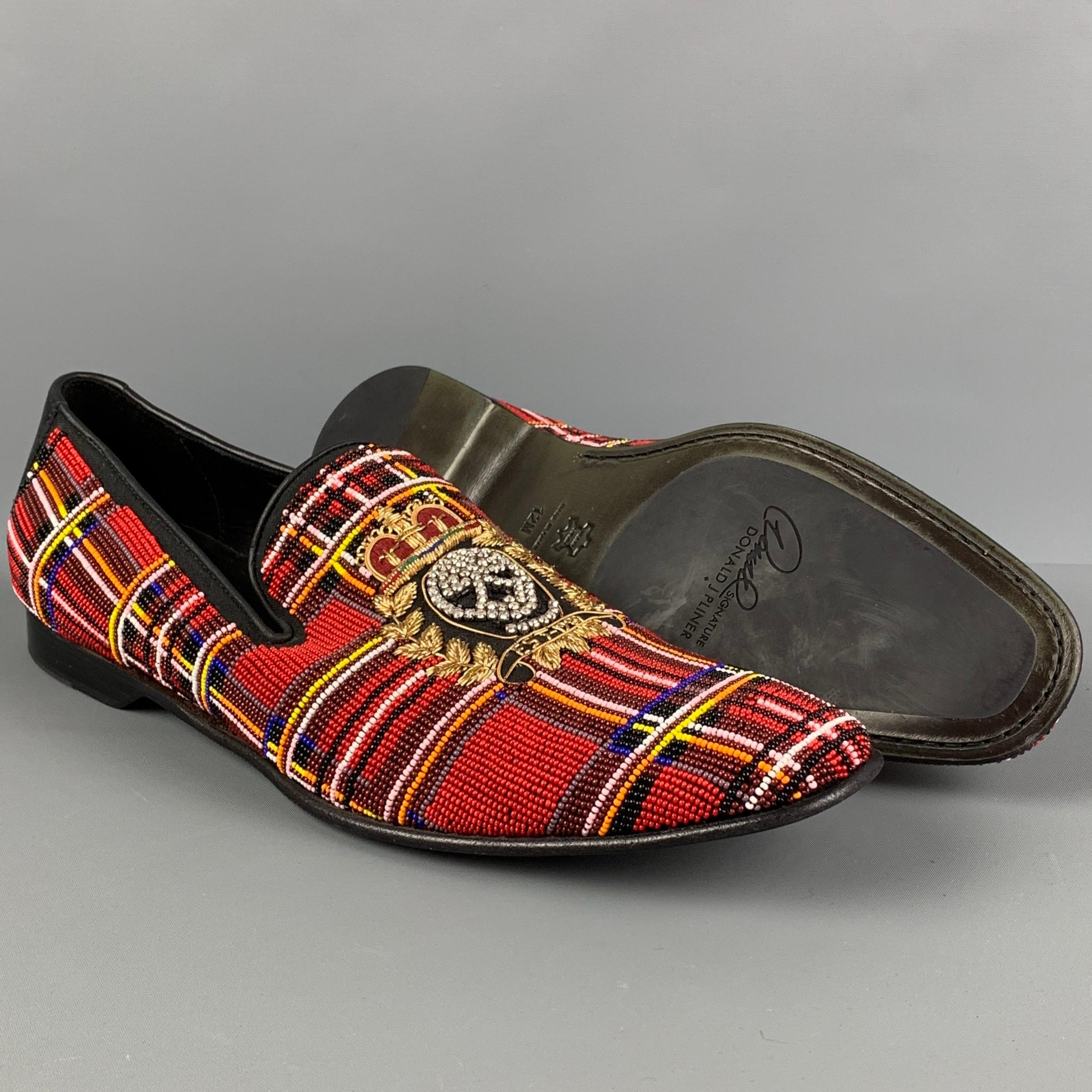 DONALD J PLINER Size 12 Red Multi-Color Beaded Leather Slip On Loafers In Good Condition In San Francisco, CA