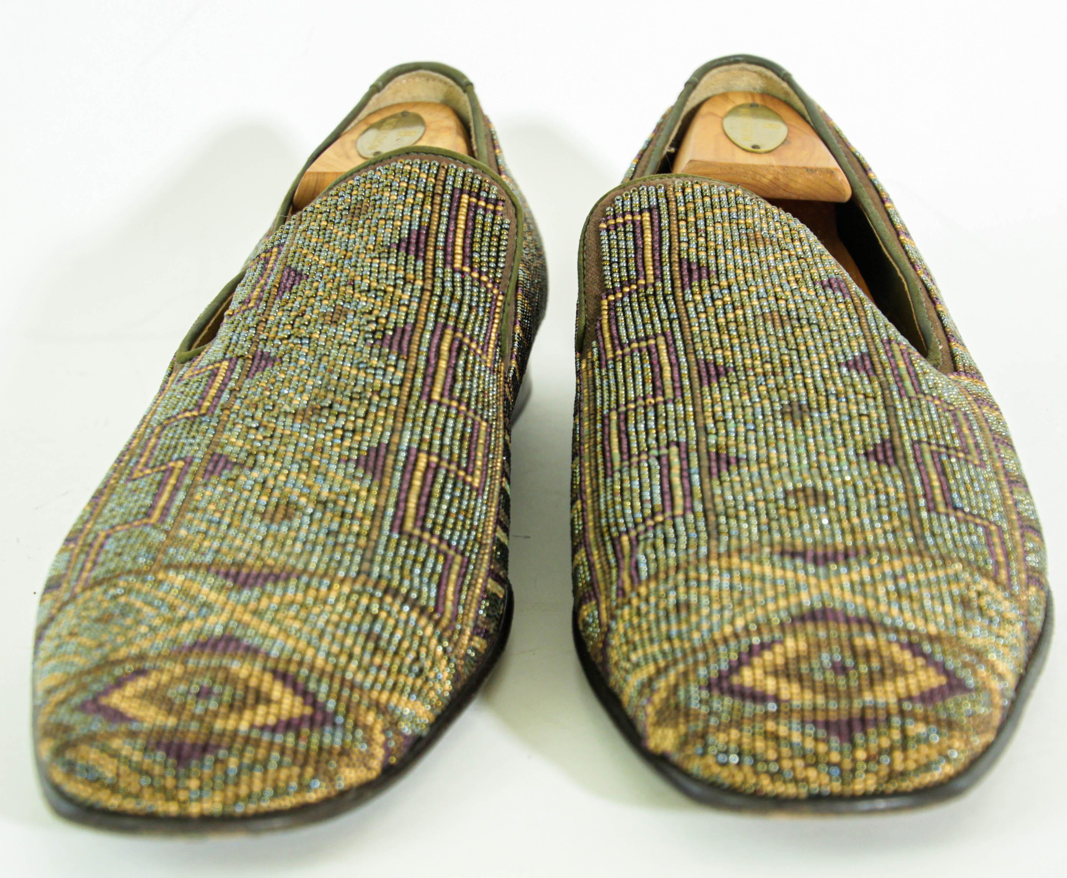 DONALD J PLINER Size 13 Green Purple Beaded Leather Slip On Loafers For Sale 6