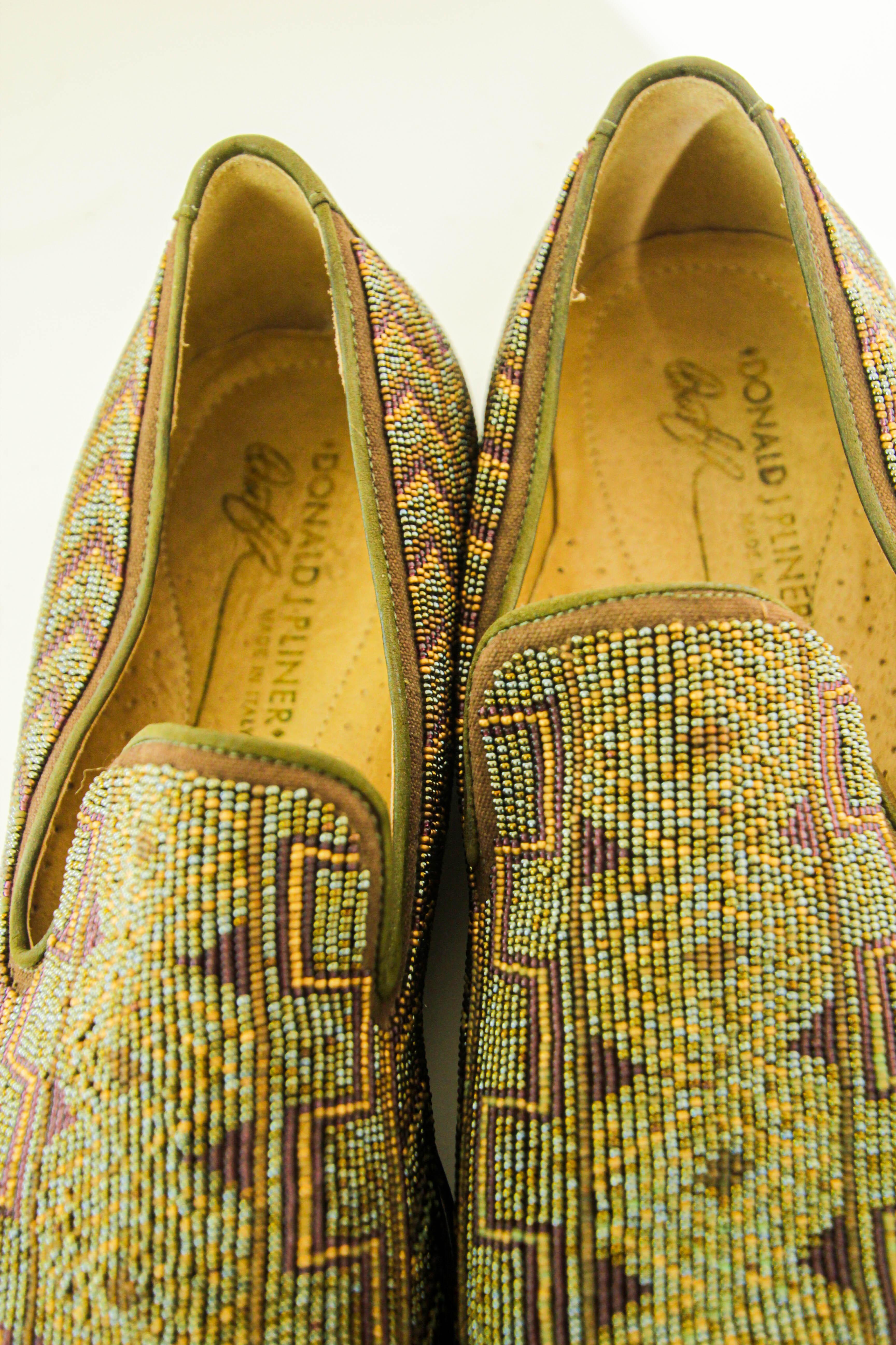 DONALD J PLINER Size 13 Green Purple Beaded Leather Slip On Loafers For Sale 10