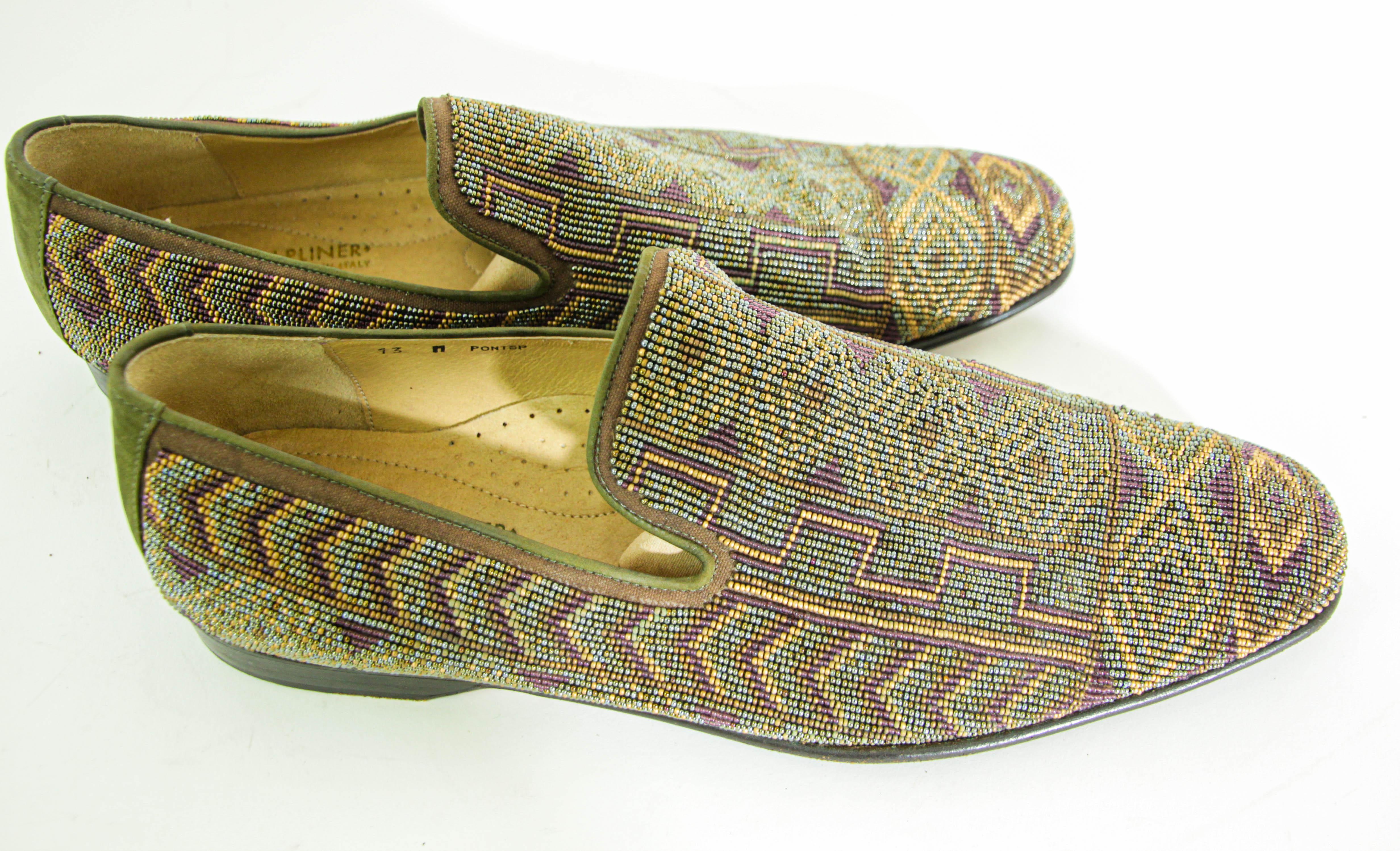 DONALD J PLINER Size 13 Green Purple Beaded Leather Slip On Loafers For Sale 11