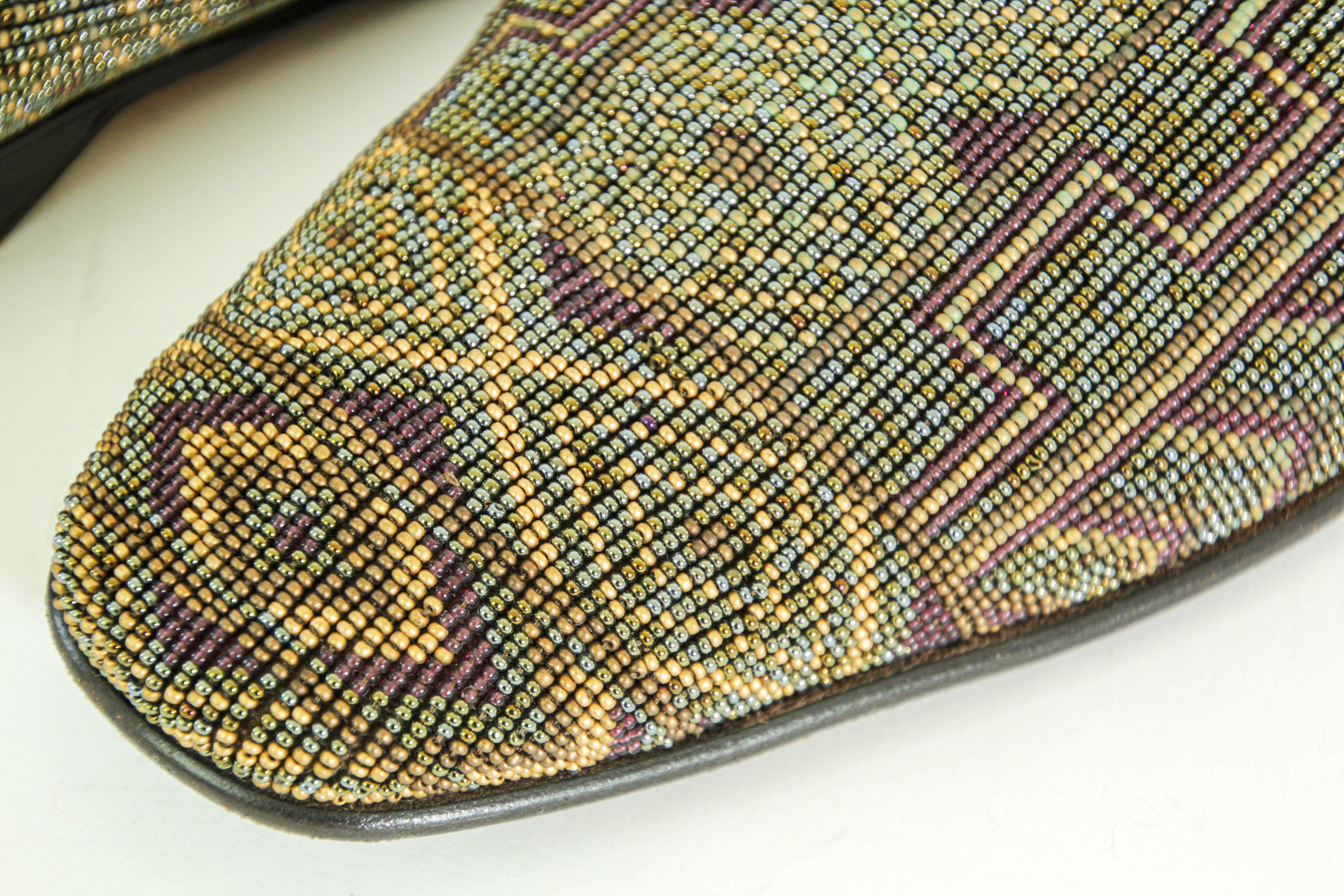 Brown DONALD J PLINER Size 13 Green Purple Beaded Leather Slip On Loafers For Sale