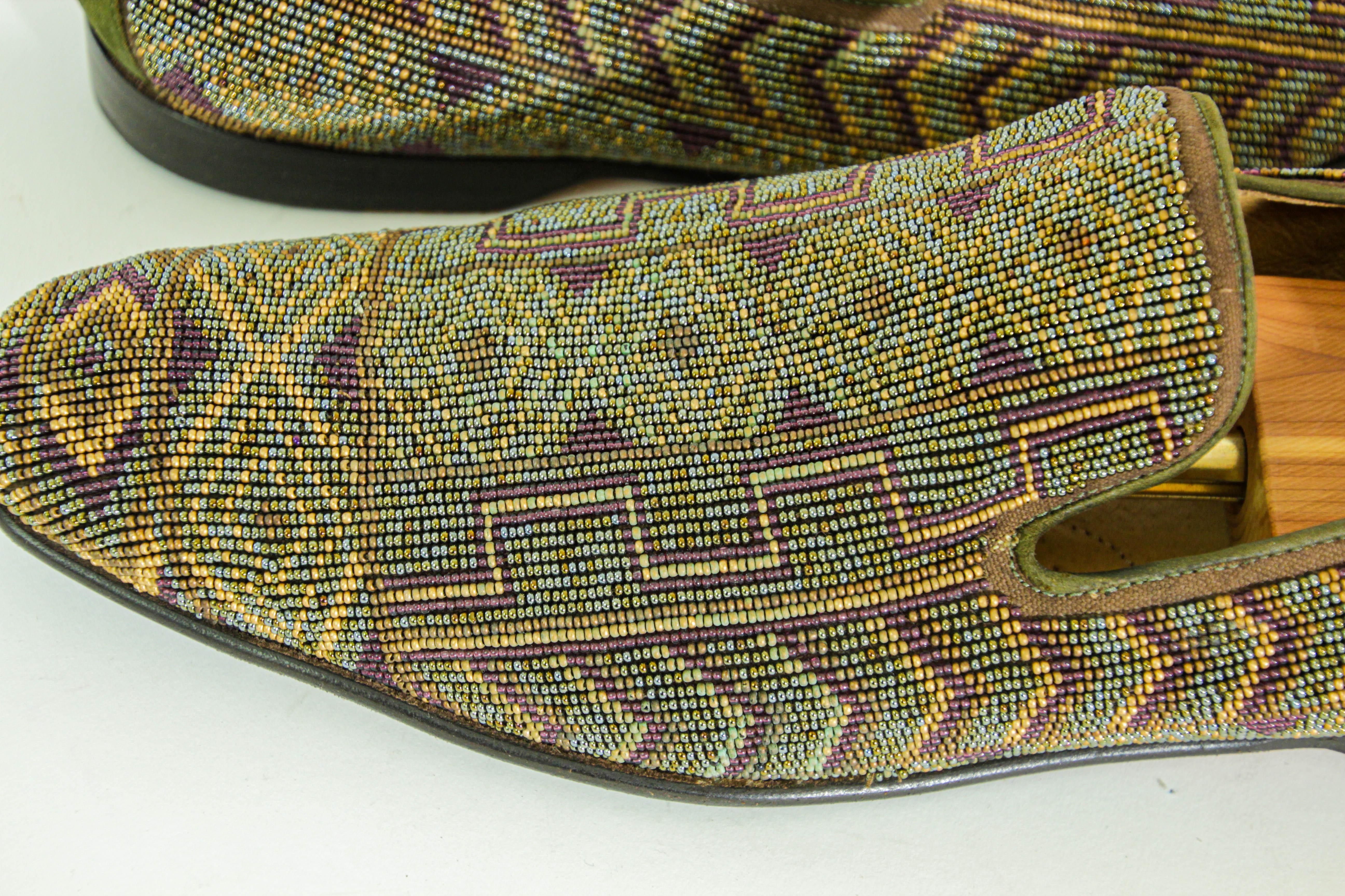 DONALD J PLINER Size 13 Green Purple Beaded Leather Slip On Loafers For Sale 1