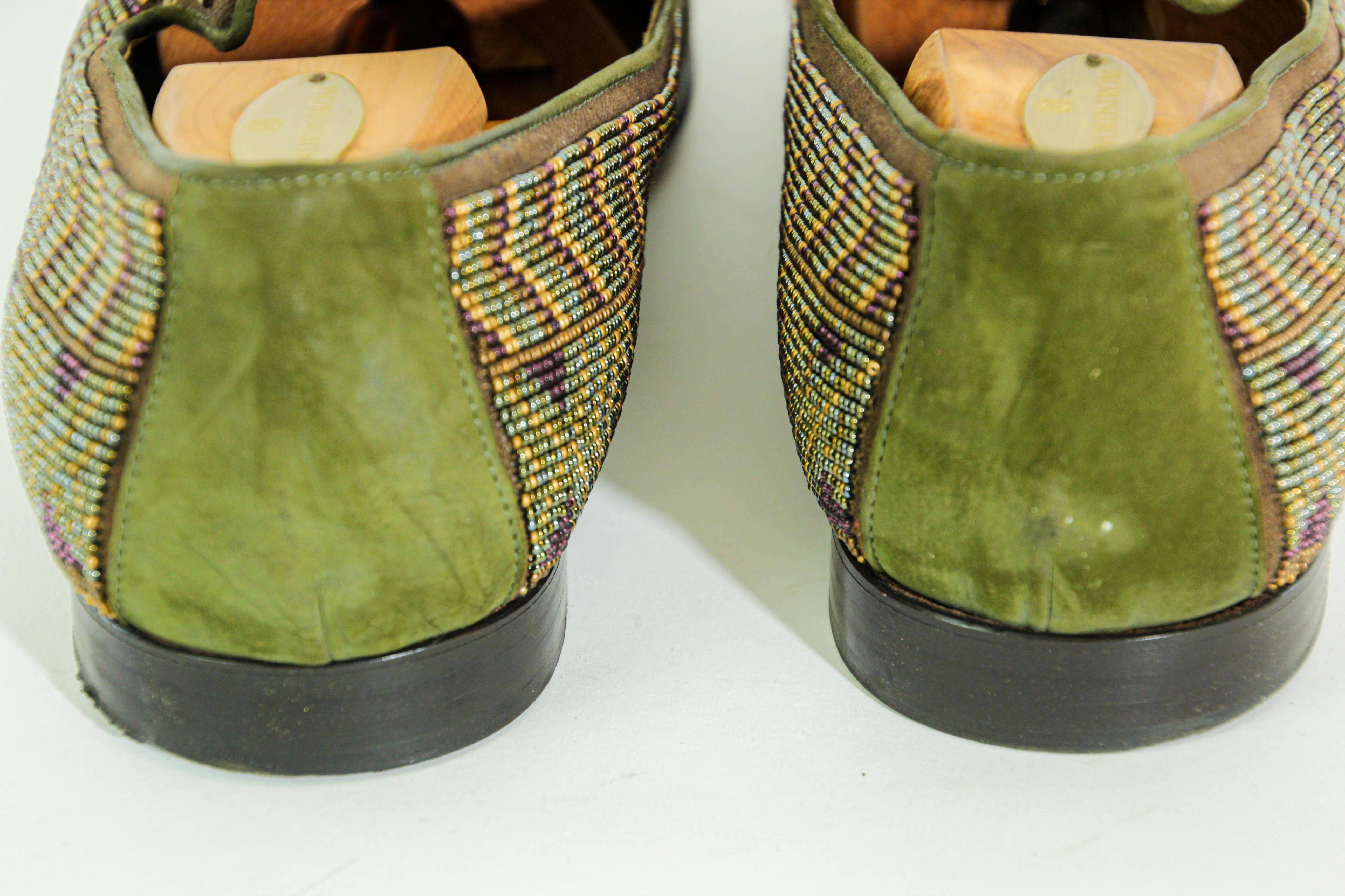 DONALD J PLINER Size 13 Green Purple Beaded Leather Slip On Loafers For Sale 2