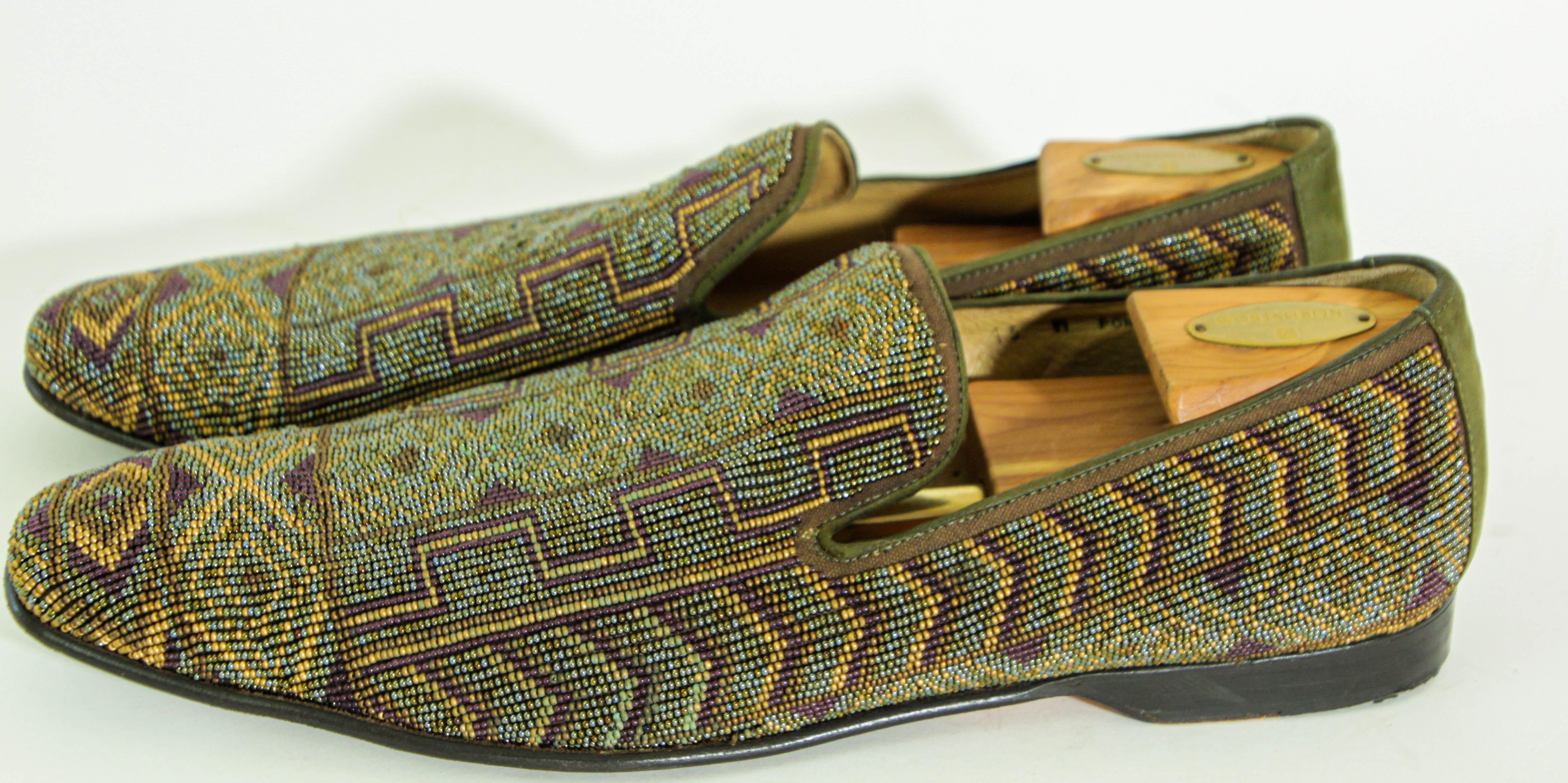 DONALD J PLINER Size 13 Green Purple Beaded Leather Slip On Loafers For Sale 3
